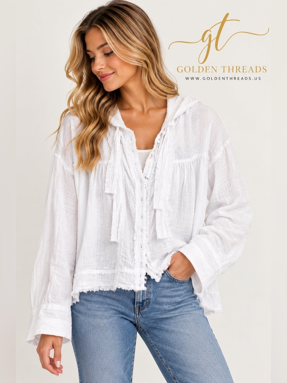 GT- 49 Free People White Hooded Button Down Shirt Jacket XS Boho Layering Top