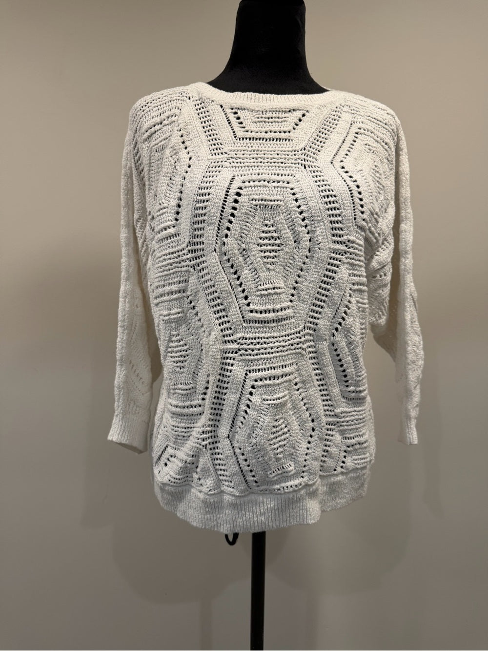 GT-0233 J.Jill Ivory Geometric Open Knit Sweater Women’s M Boho Cotton