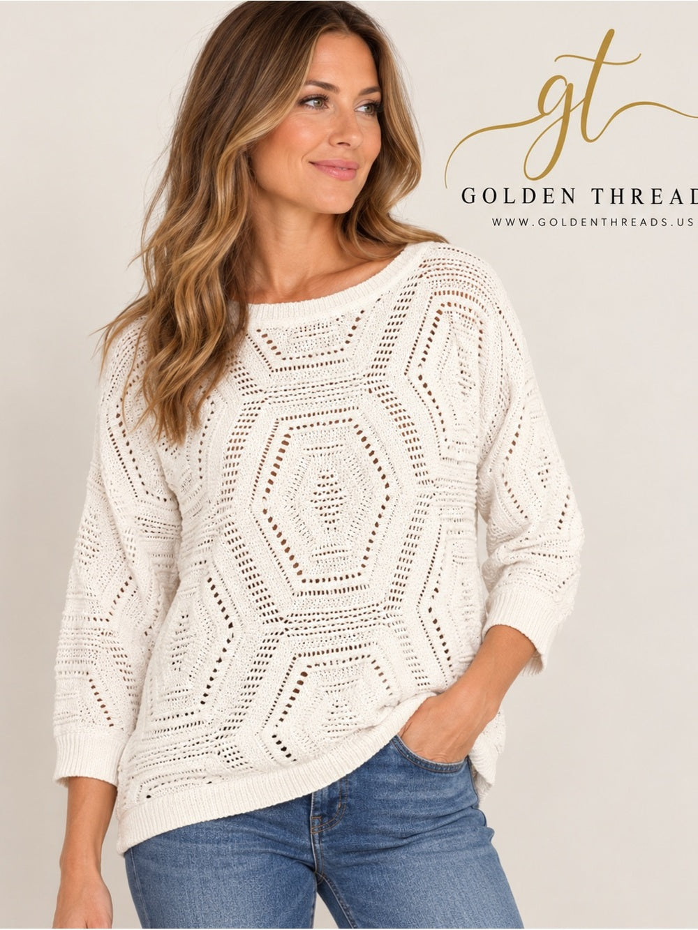 GT-0233 J.Jill Ivory Geometric Open Knit Sweater Women’s M Boho Cotton