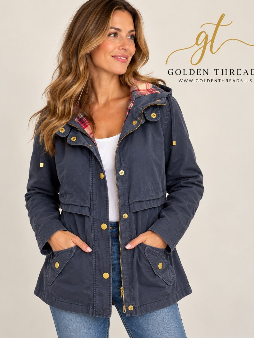 Aloha Bee Navy Hooded Utility Jacket Women’s L Plaid Lined