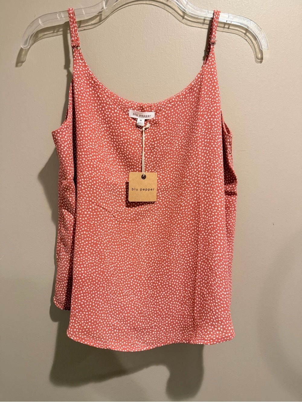 GT-75 Blu Pepper Coral Pink Polka Dot Cami Adjustable Strap Flowy Tank Top NWT