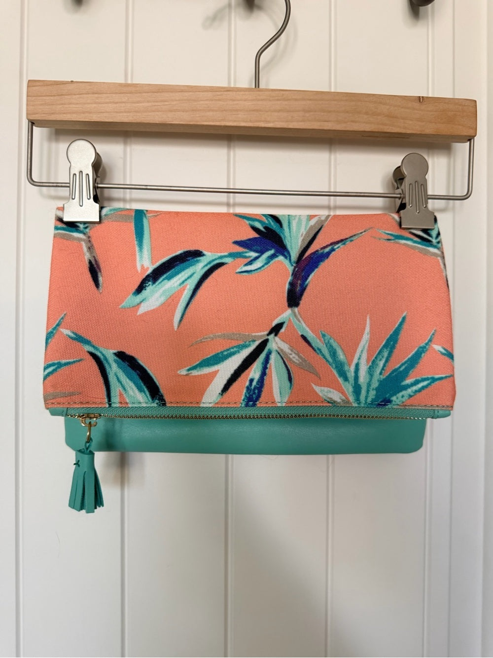 Rachel Pally Peach Floral Fold-Over Clutch with Teal Accents