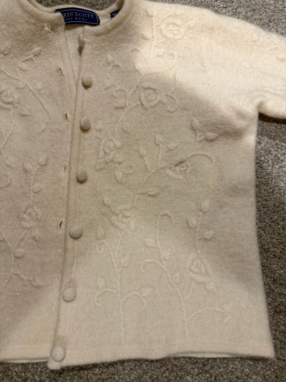 Karen Scott Pure Wool Cream Floral Embroidered Cardigan Sweater L Vintage