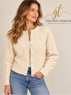 Karen Scott Pure Wool Cream Floral Embroidered Cardigan Sweater L Vintage