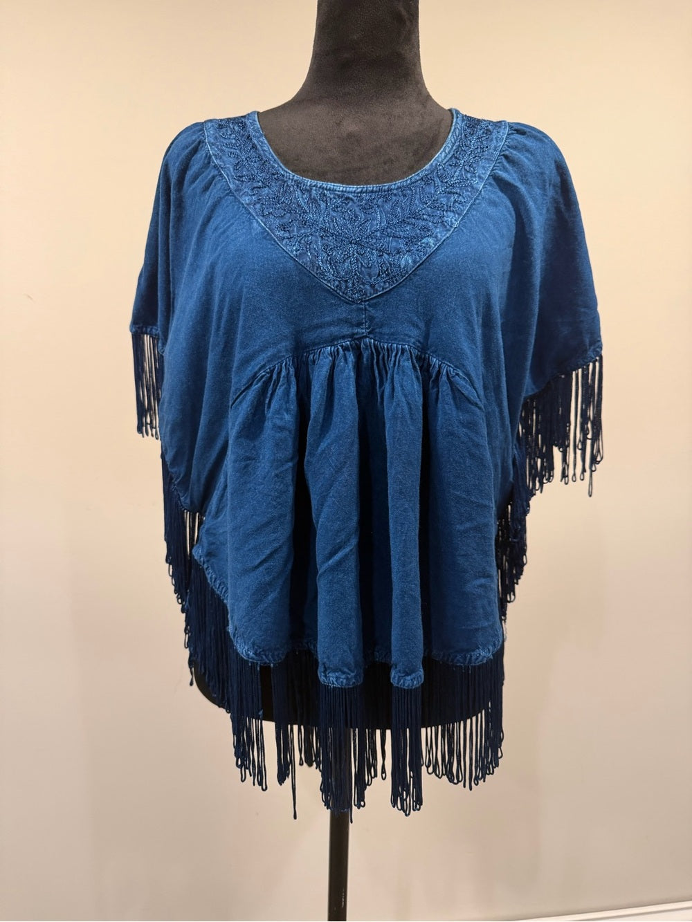 GT-0197 Studio West Blue Embroidered Fringe Boho Poncho Top