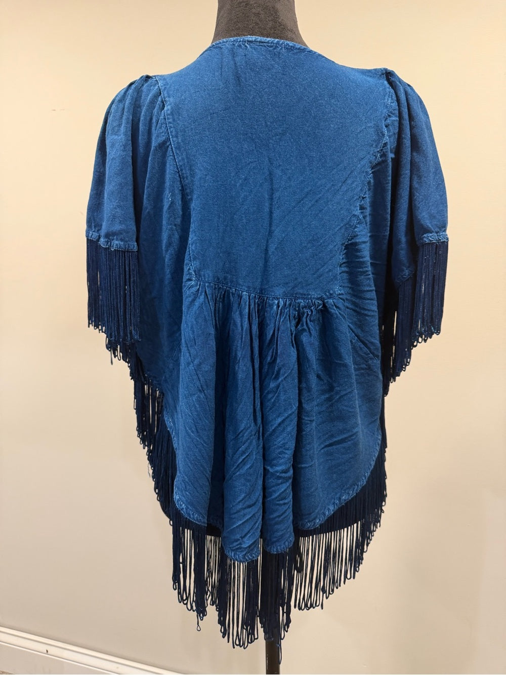 GT-0197 Studio West Blue Embroidered Fringe Boho Poncho Top