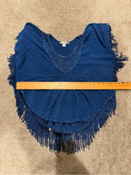 GT-0197 Studio West Blue Embroidered Fringe Boho Poncho Top