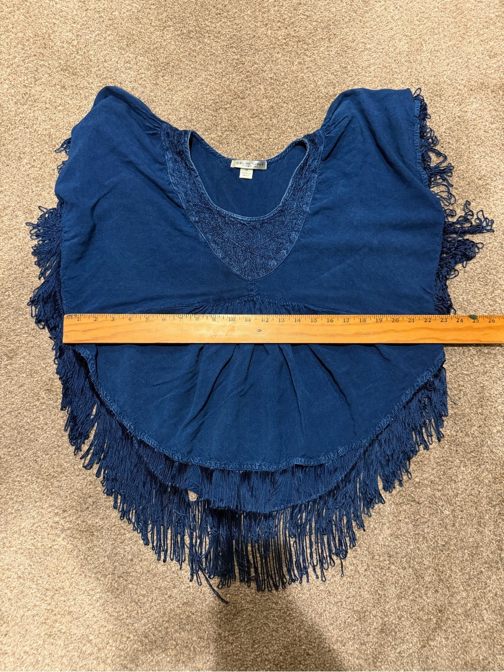 GT-0197 Studio West Blue Embroidered Fringe Boho Poncho Top