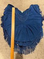 GT-0197 Studio West Blue Embroidered Fringe Boho Poncho Top