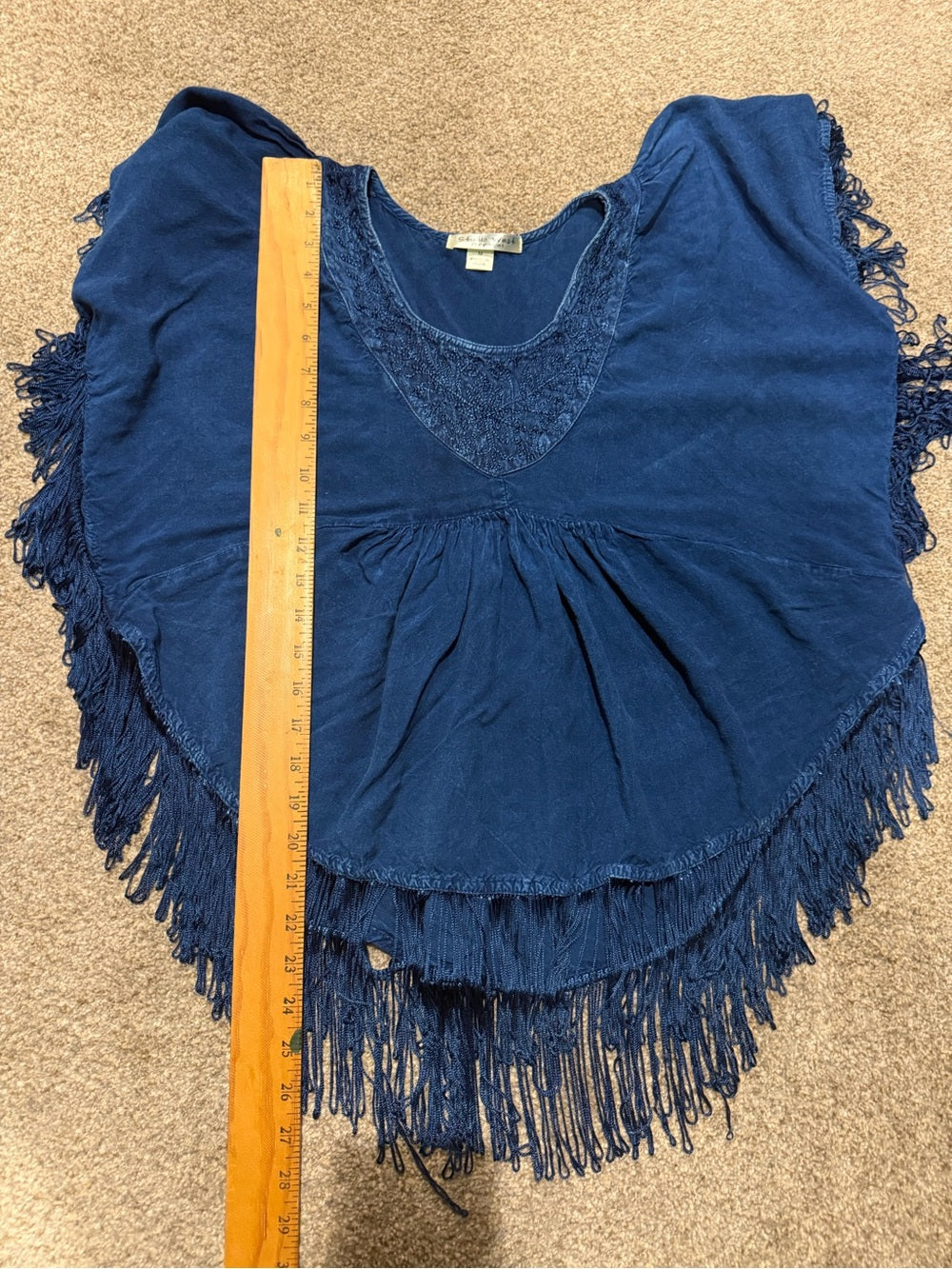 GT-0197 Studio West Blue Embroidered Fringe Boho Poncho Top