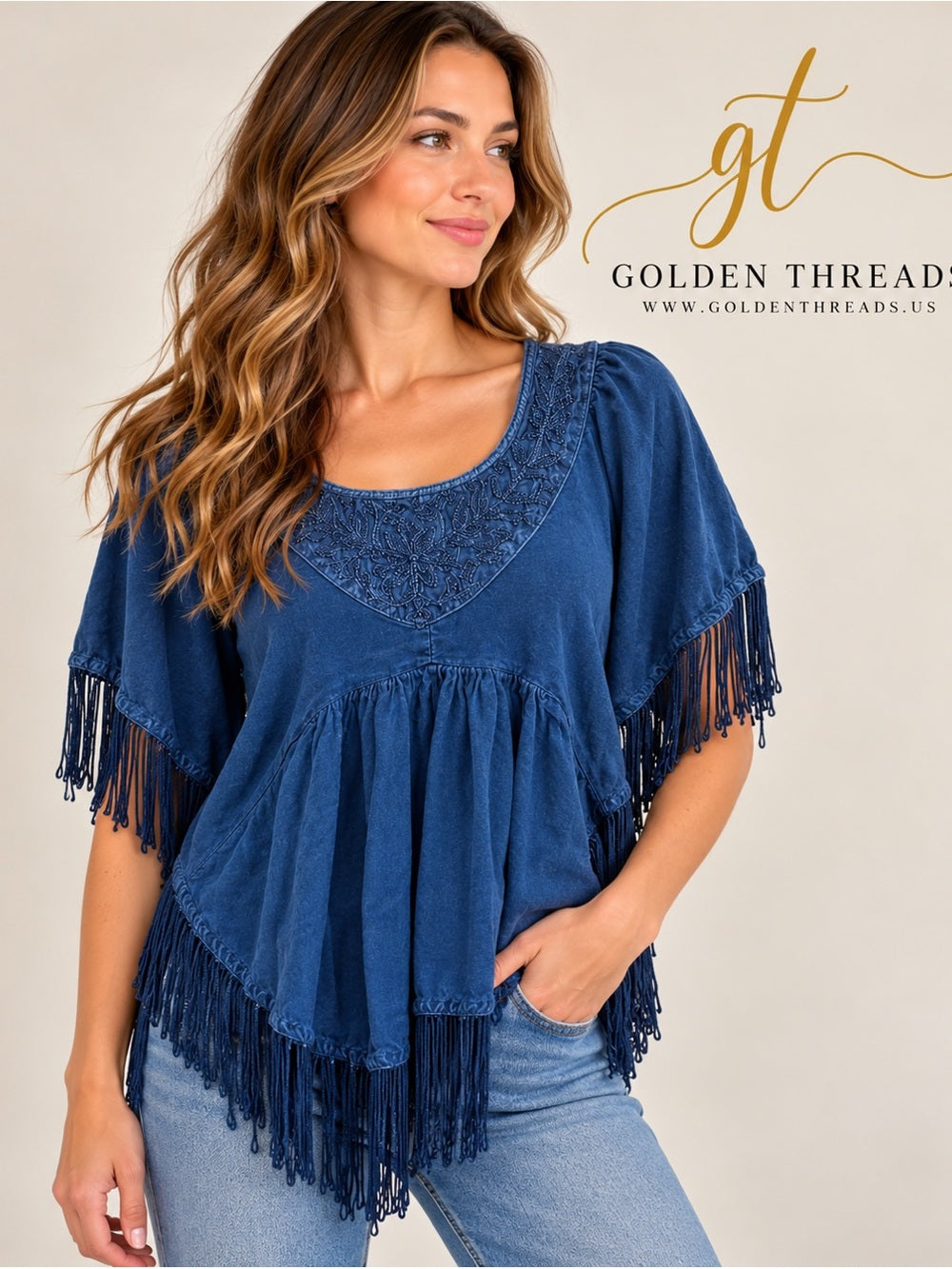 GT-0197 Studio West Blue Embroidered Fringe Boho Poncho Top