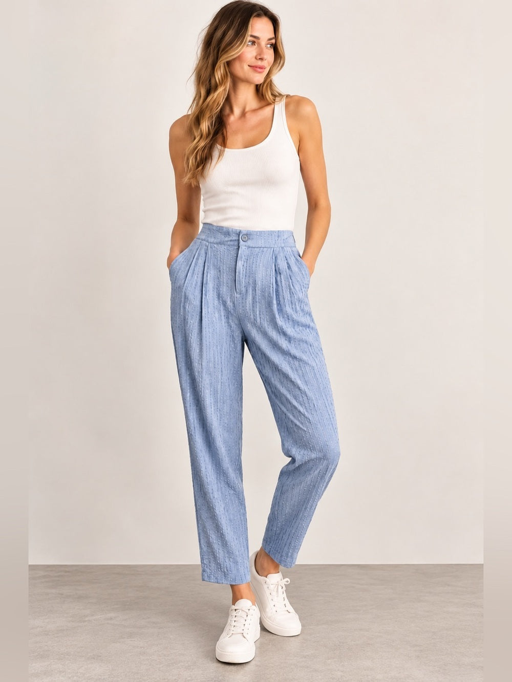Women's Light Blue Textured Tapered Trousers