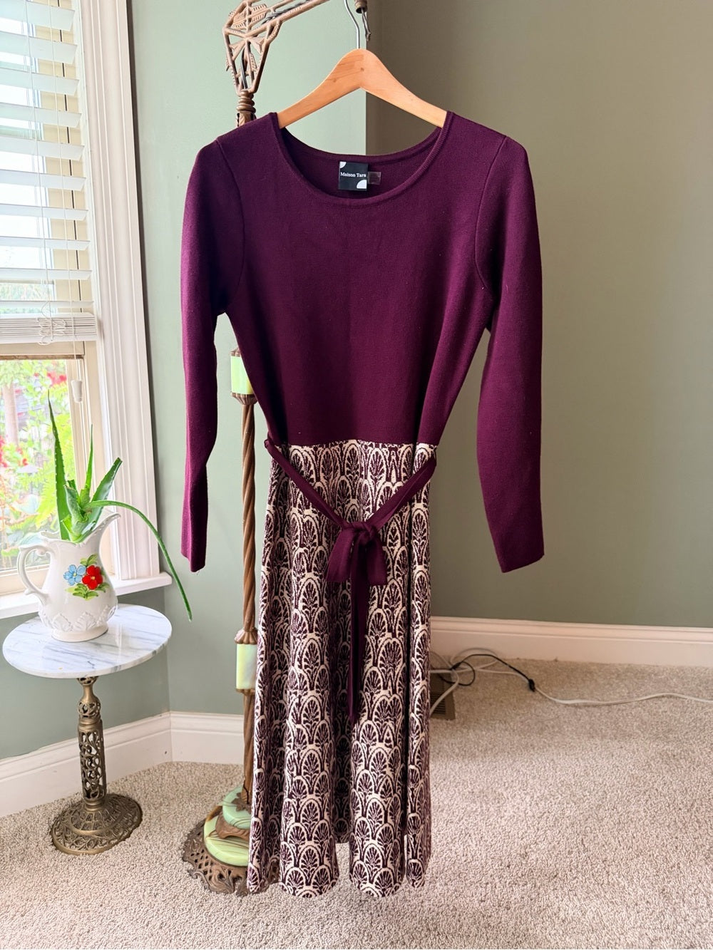 GT-0090 Maison Tara Plum Knit Top with Cream & Plum Patterned Skirt