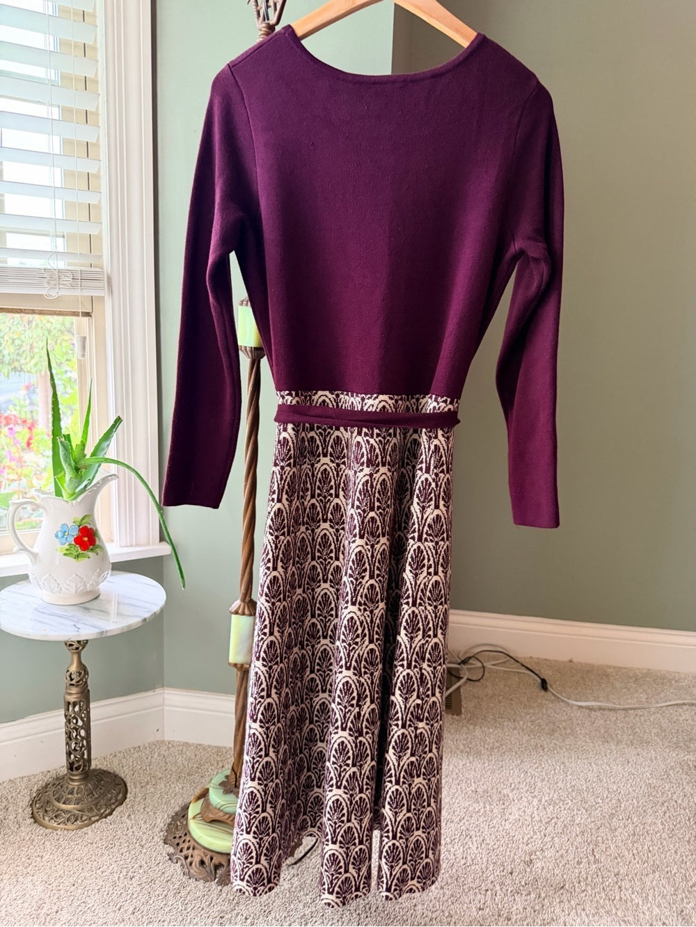 GT-0090 Maison Tara Plum Knit Top with Cream & Plum Patterned Skirt