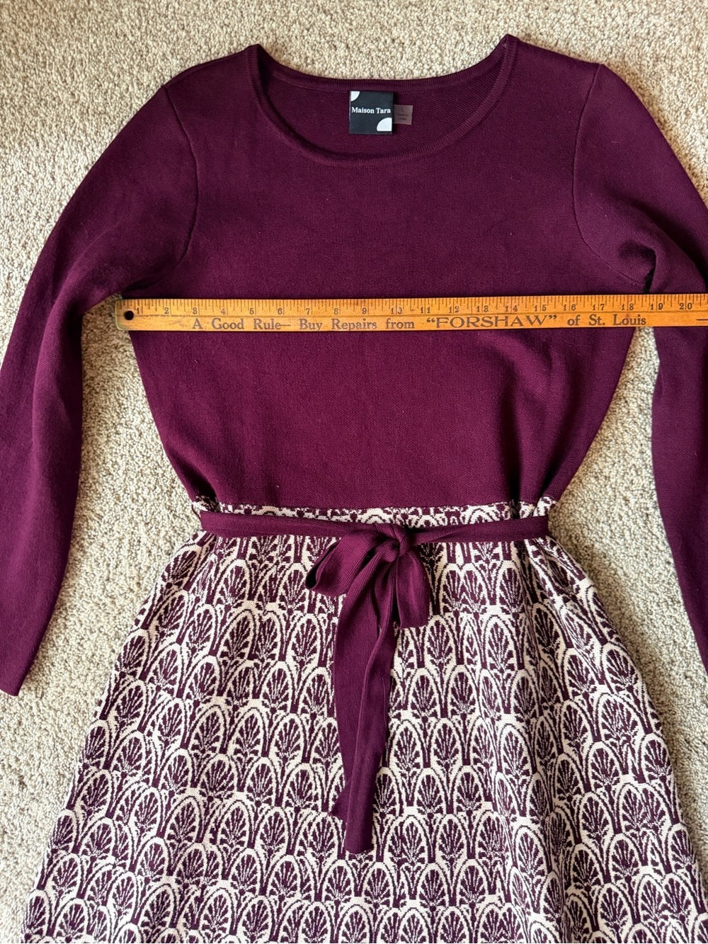 GT-0090 Maison Tara Plum Knit Top with Cream & Plum Patterned Skirt