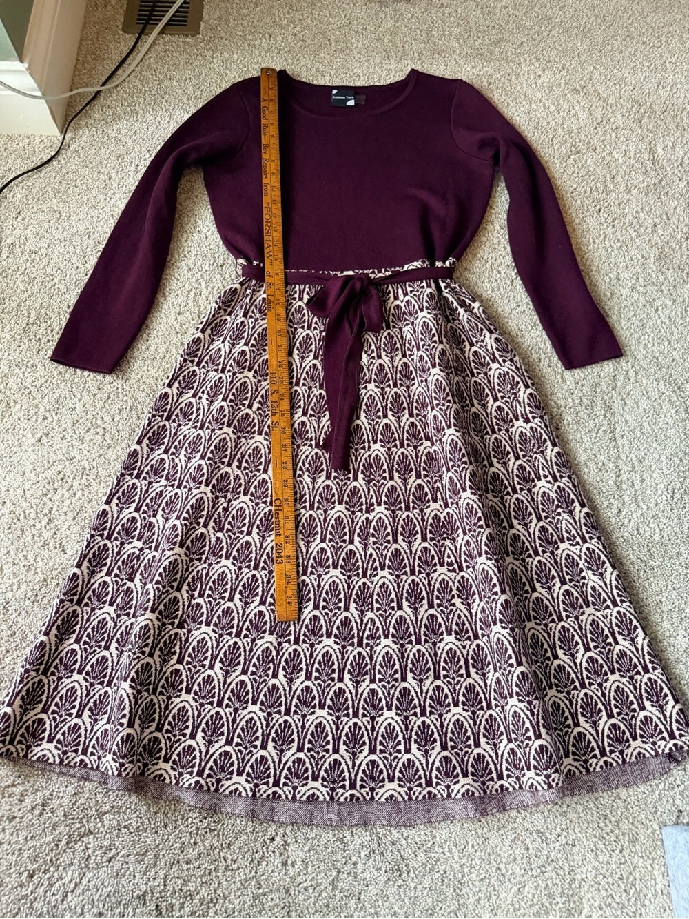 GT-0090 Maison Tara Plum Knit Top with Cream & Plum Patterned Skirt