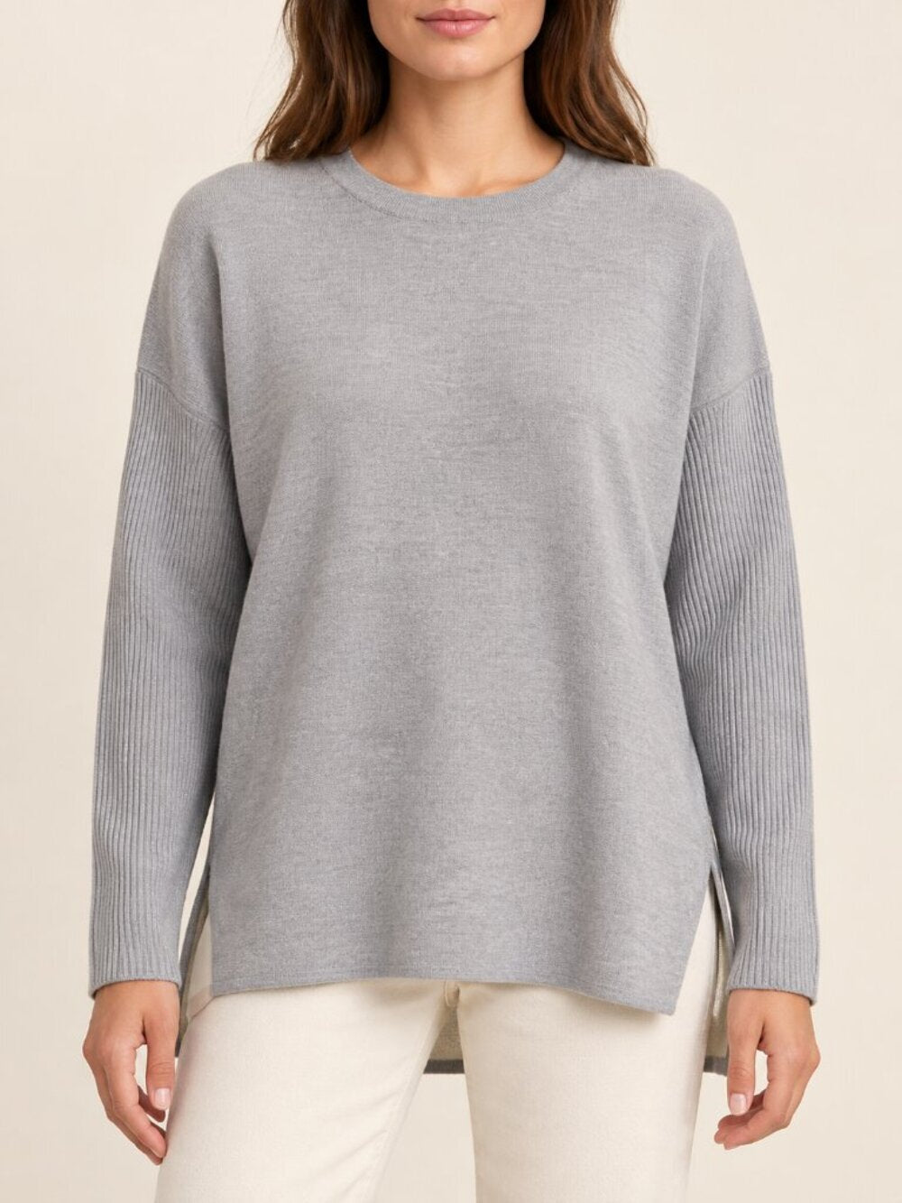GT-0196 Vince Gray Wool Blend Crewneck Sweater M Ribbed Sleeve High Low