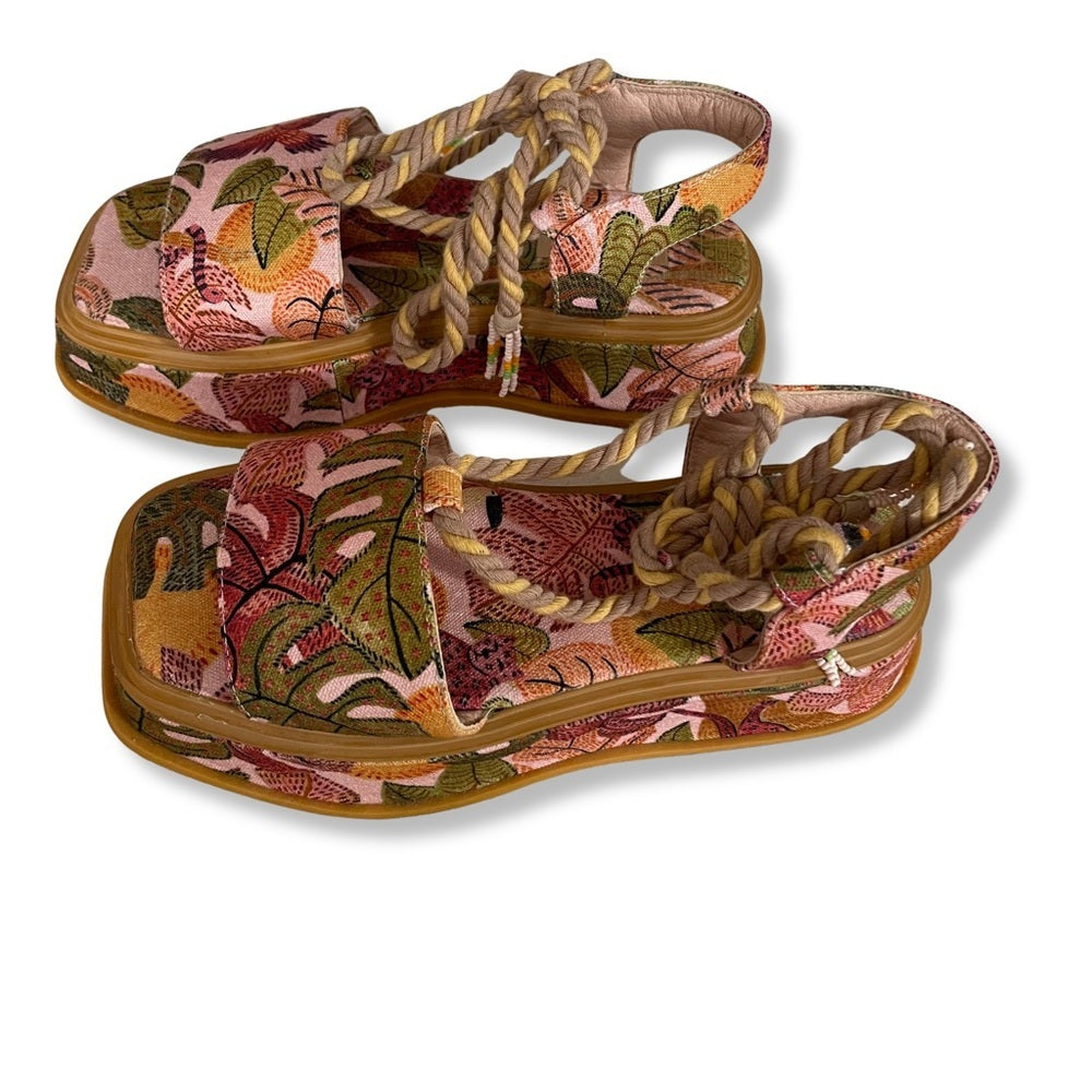 FARM Rio Pink Tropical Floral Platform Sandals with Rope Ankle Ties
