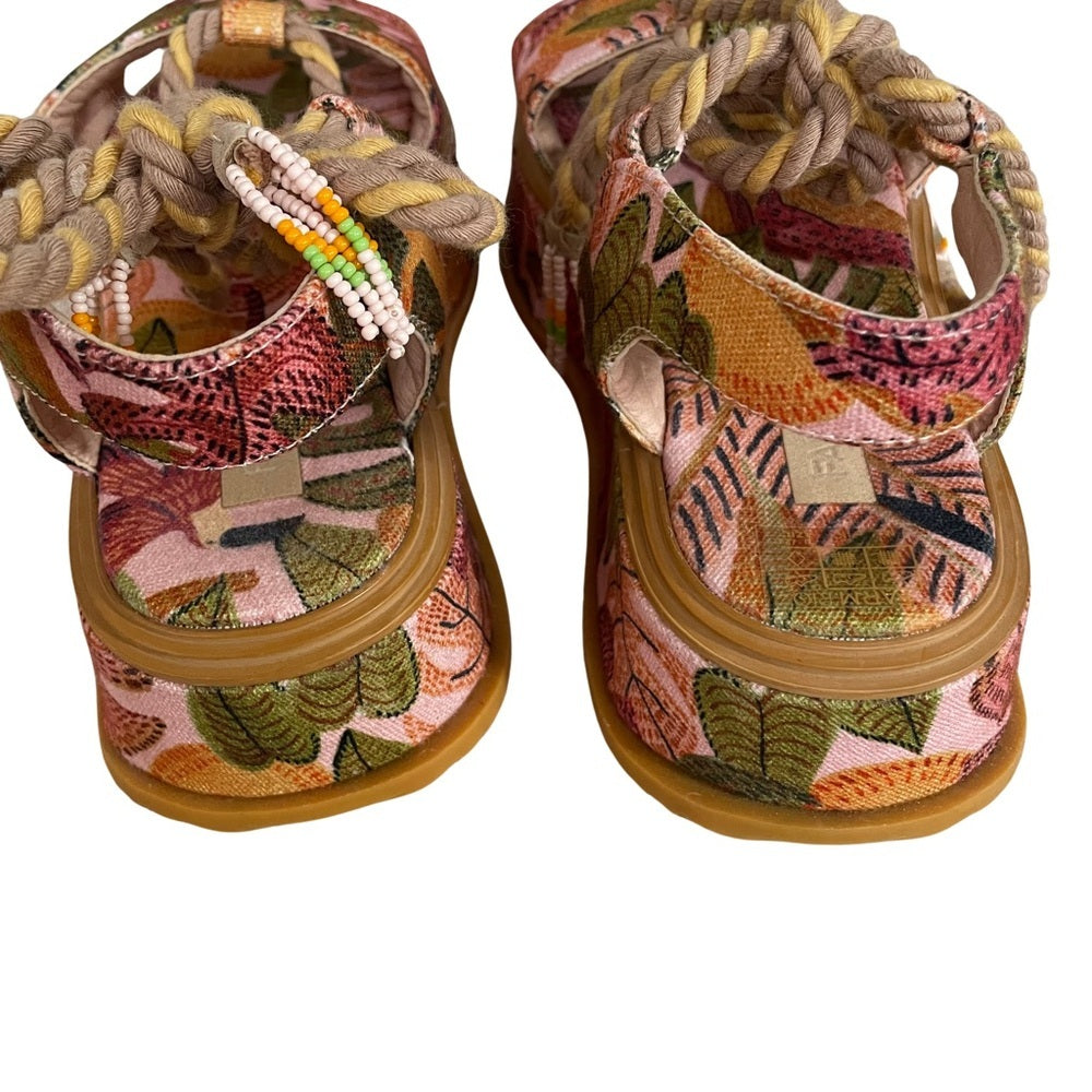 FARM Rio Pink Tropical Floral Platform Sandals with Rope Ankle Ties