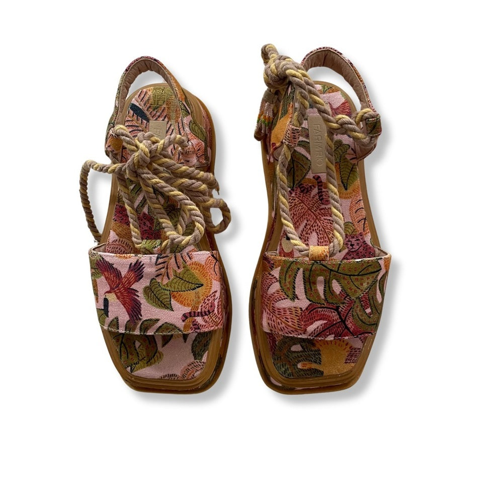 FARM Rio Pink Tropical Floral Platform Sandals with Rope Ankle Ties