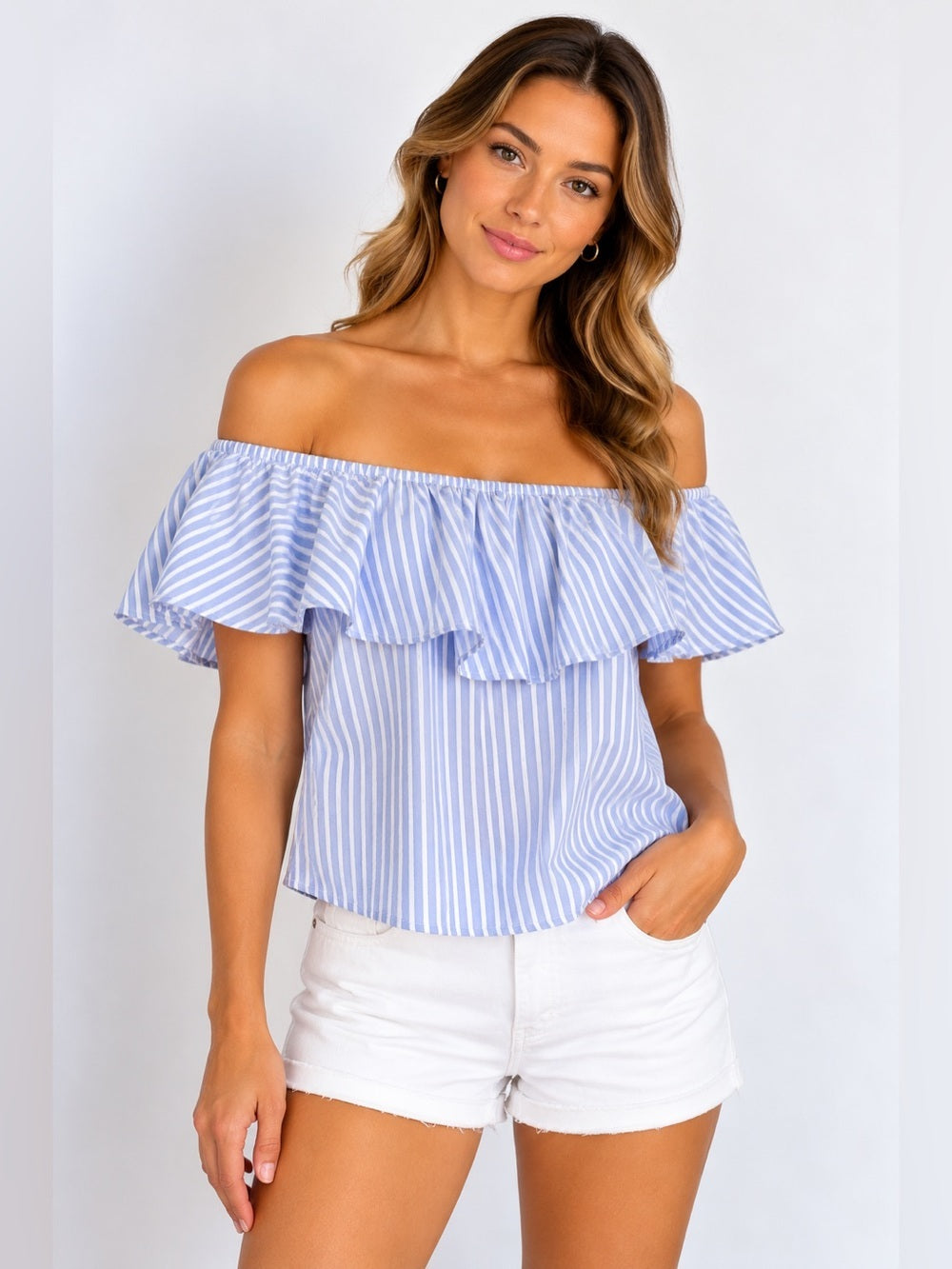 GT-53 WAYF Blue White Striped Off Shoulder Ruffle Top Blouse Boho