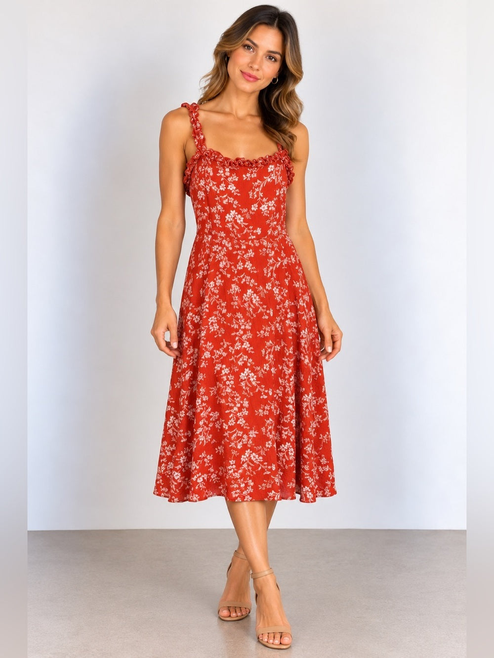 GT-0001 Lulus Red White Floral Ruffle Strap Midi Dress Cottagecore Size M