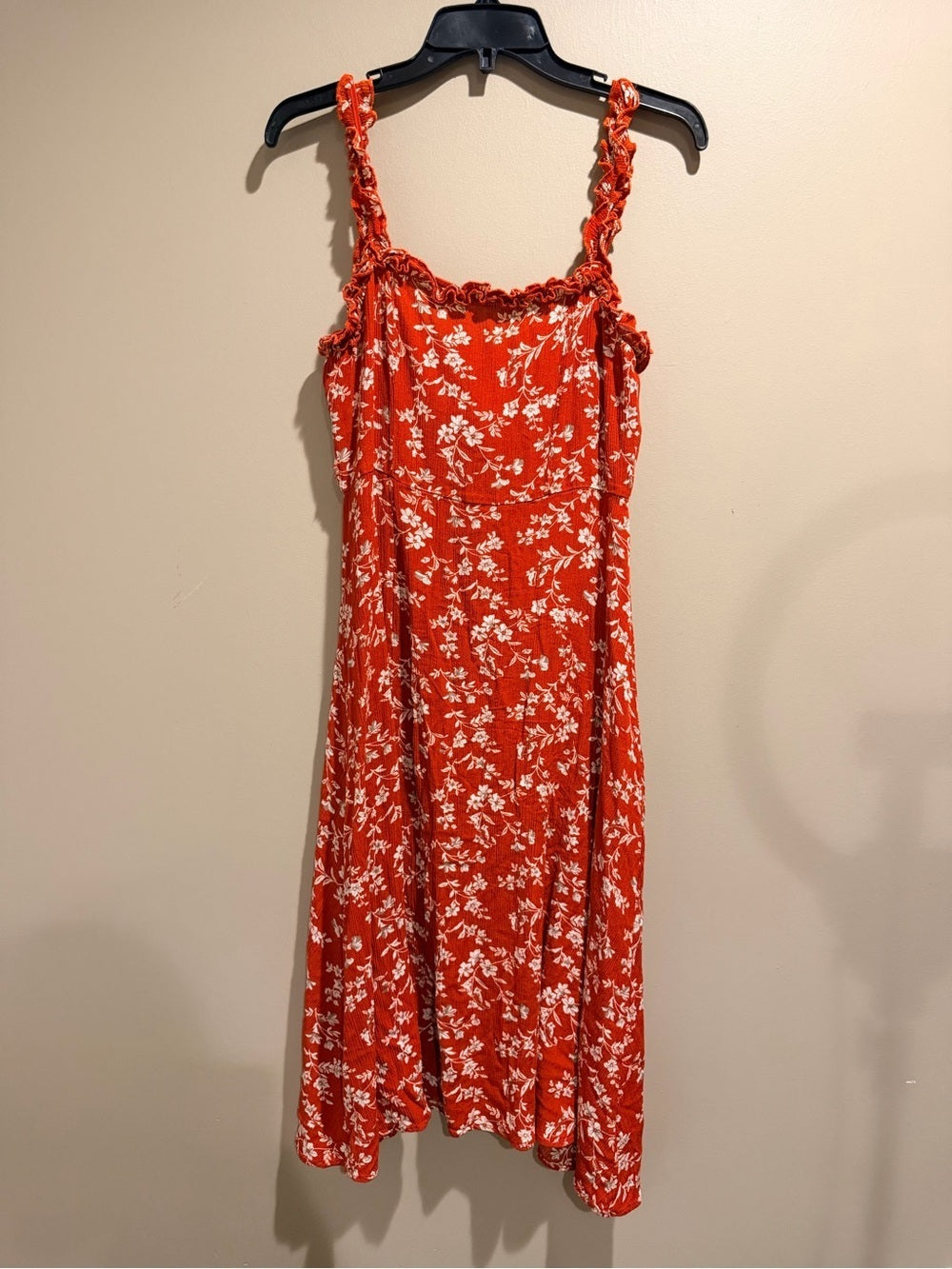 GT-0001 Lulus Red White Floral Ruffle Strap Midi Dress Cottagecore Size M