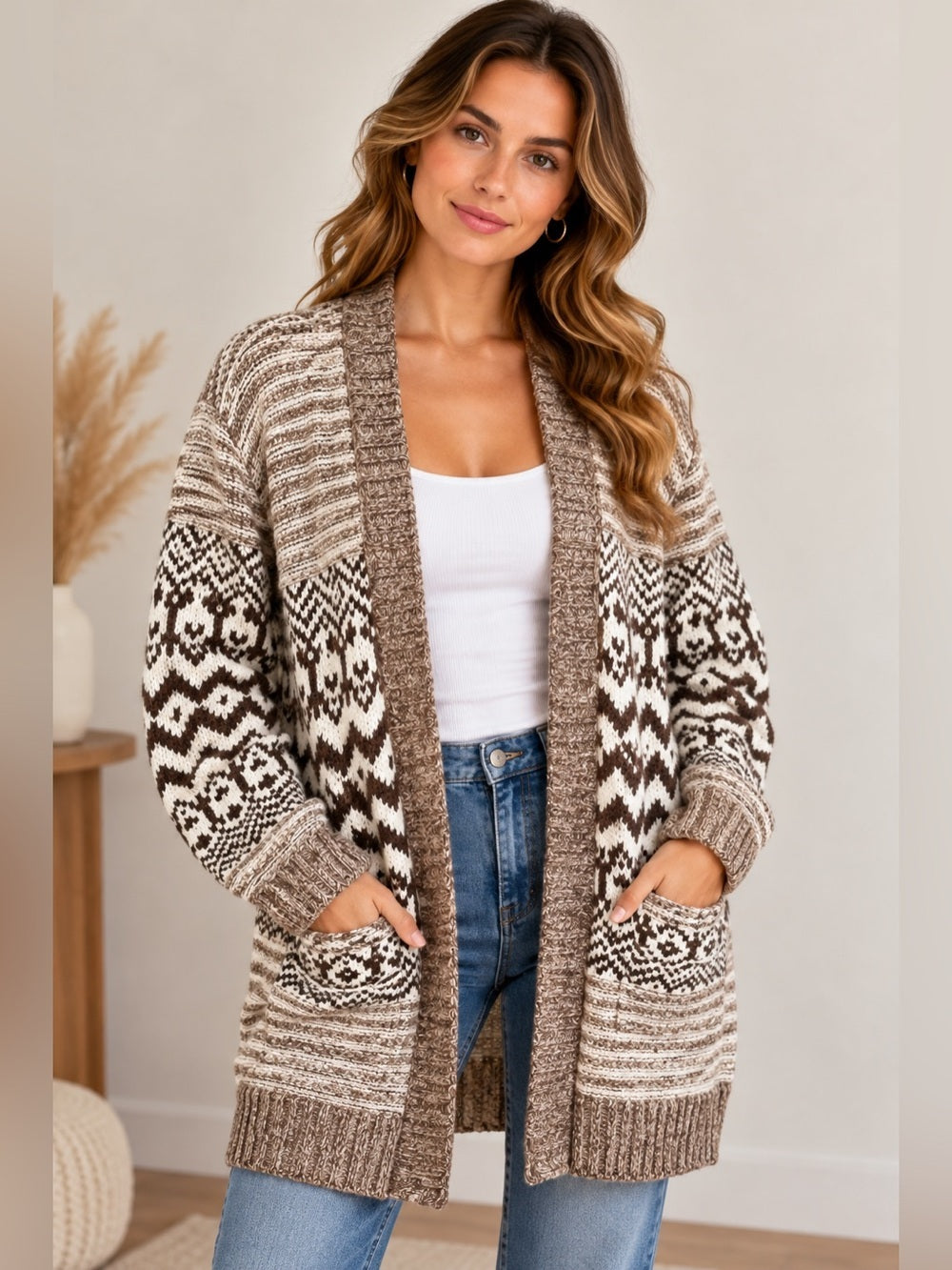 American Eagle Fair Isle Long Cardigan Sweater Brown Cream Boho M