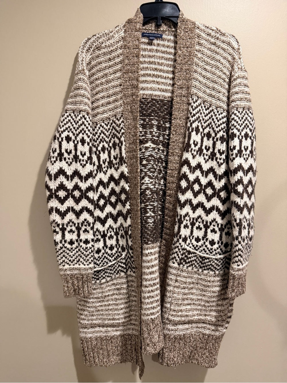 American Eagle Fair Isle Long Cardigan Sweater Brown Cream Boho M