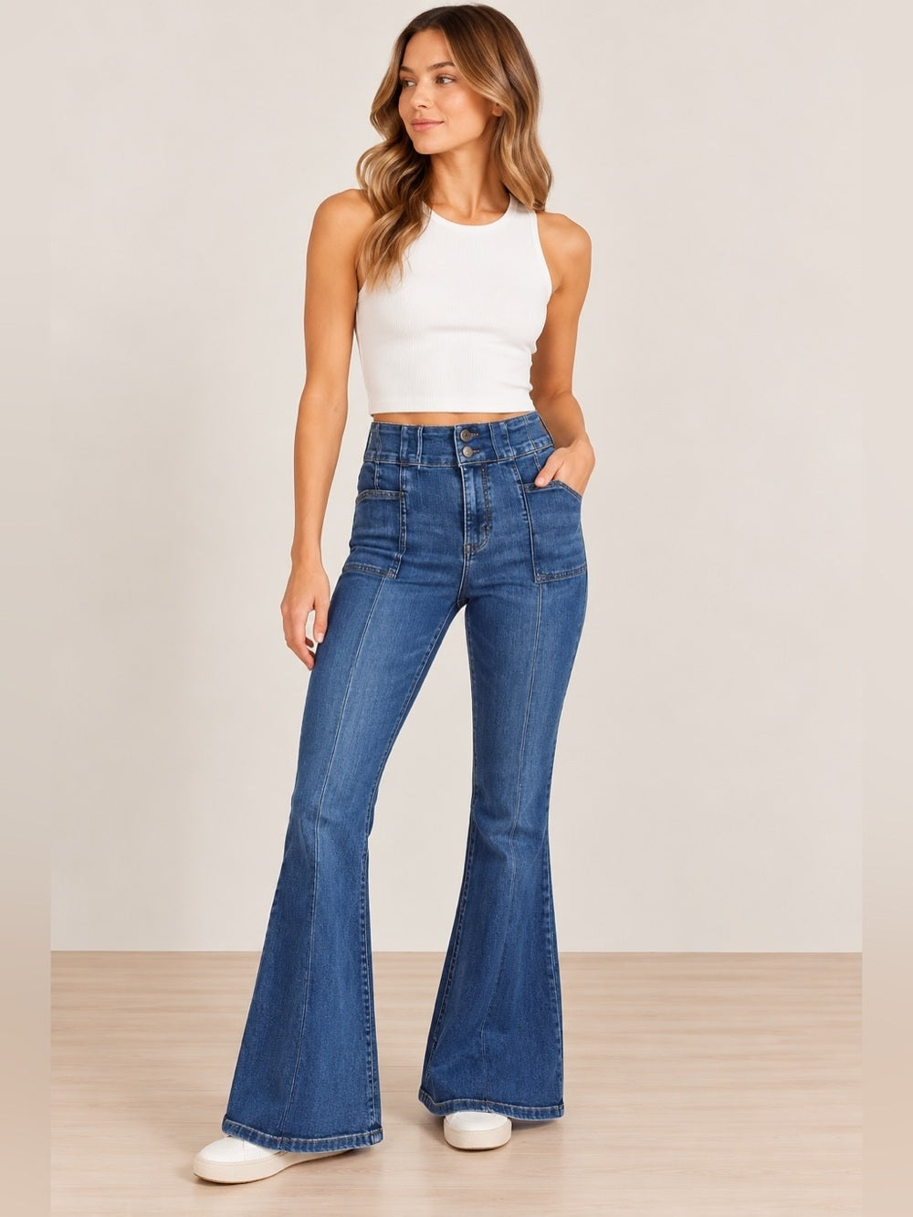 0011-We The Free Free People 31 High Rise Flare Jeans Seamed Dark Wash