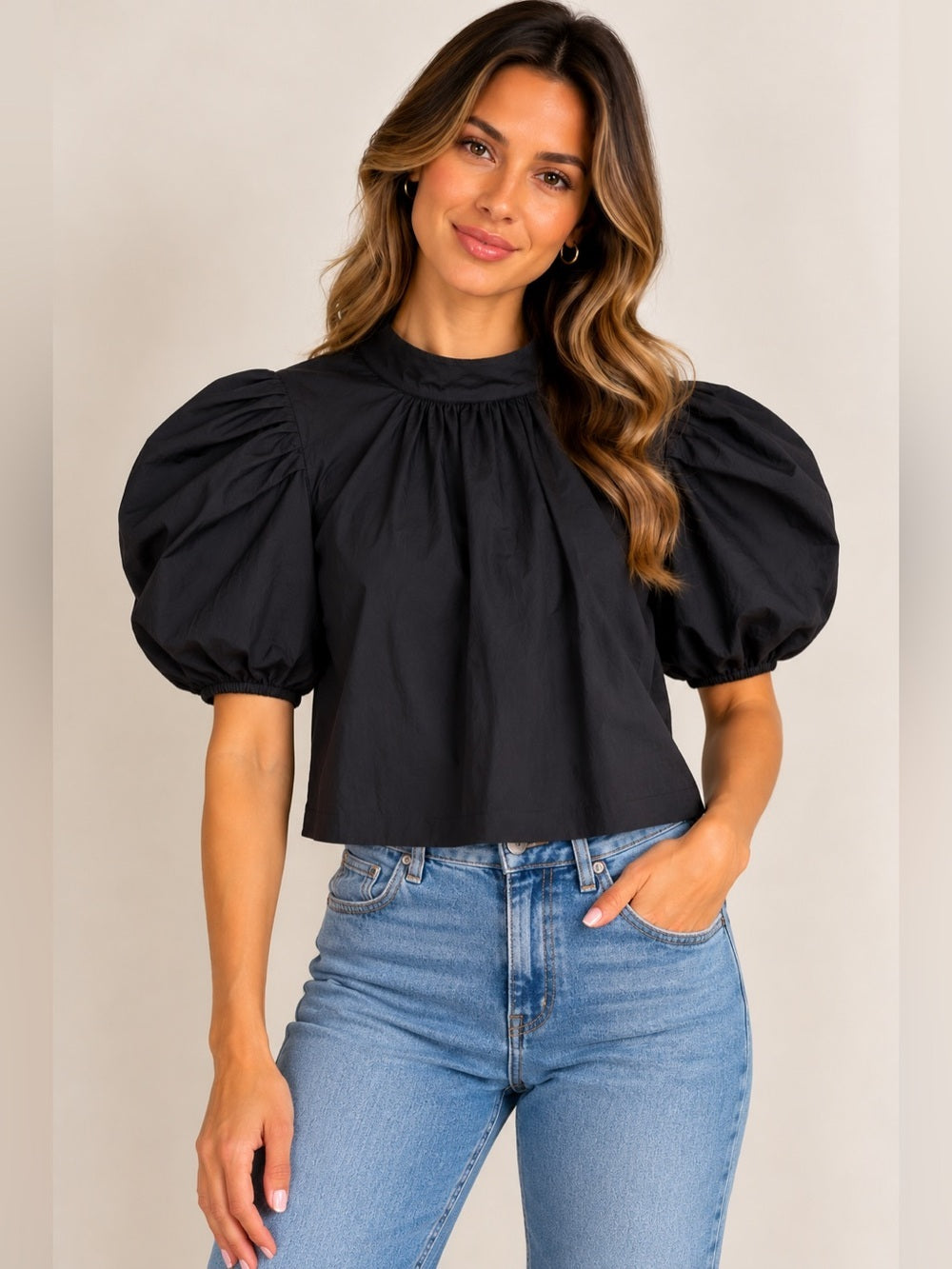 Boohoo Black Puff-Sleeve Crop Top with Tie Detail
