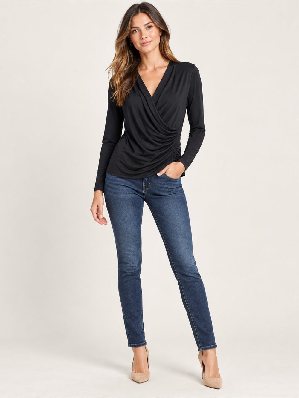 NWT Liverpool Los Angeles Black Draped Surplice Ruched Top M