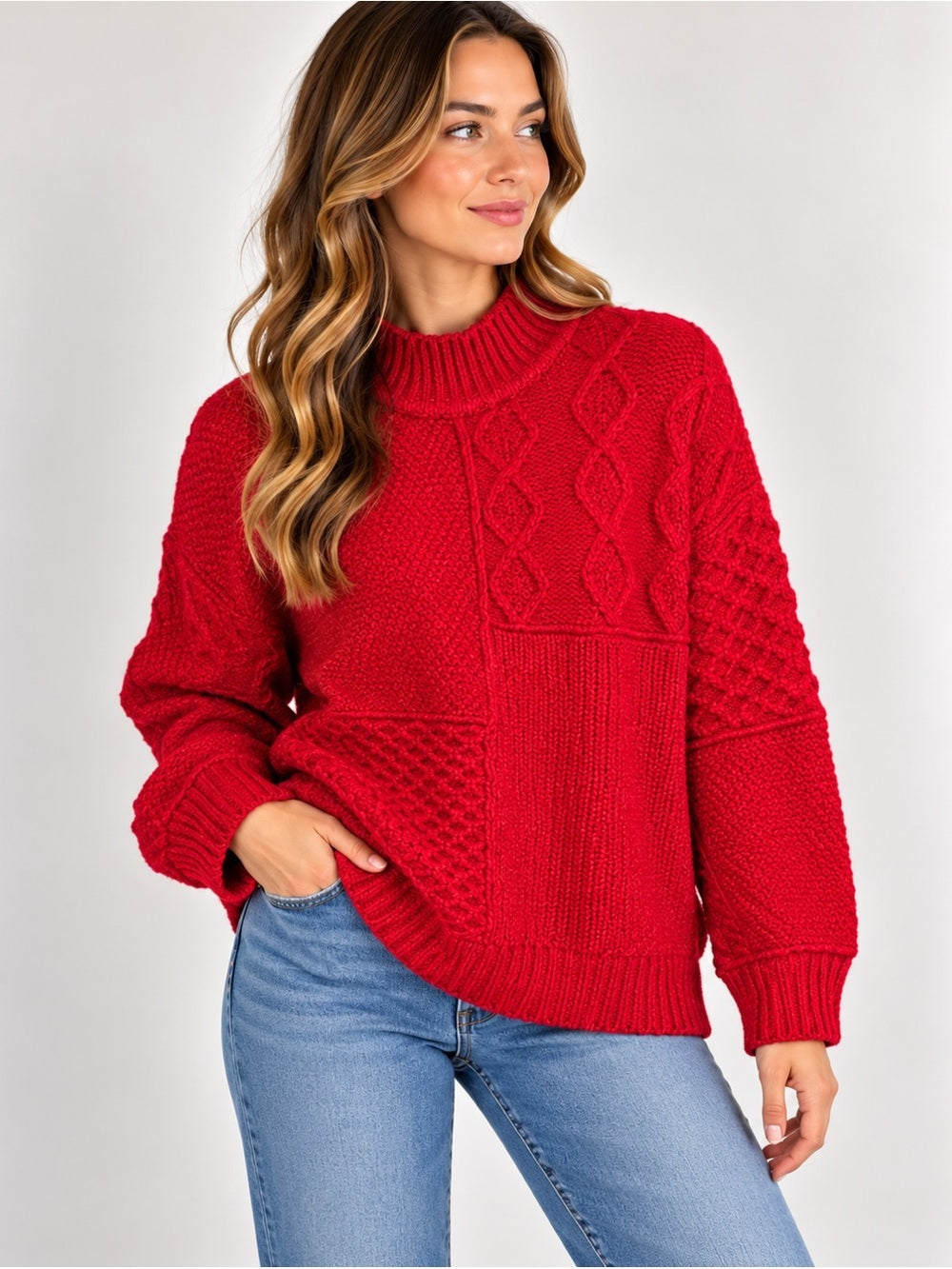 American Eagle Red Patchwork Cable Knit Mock Neck Sweater M