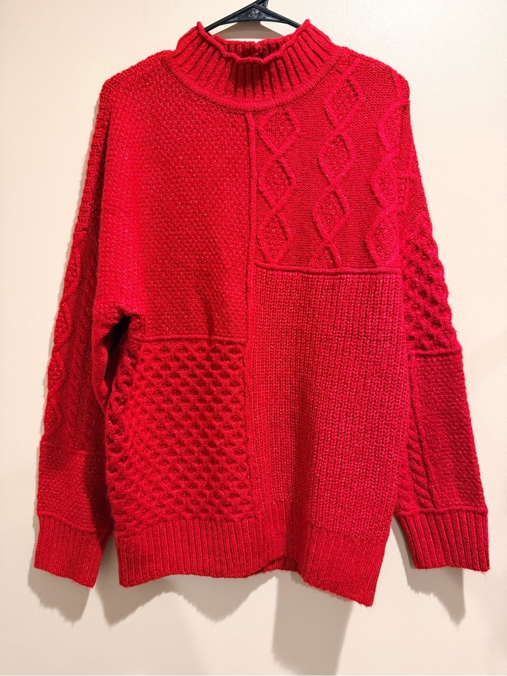 American Eagle Red Patchwork Cable Knit Mock Neck Sweater M