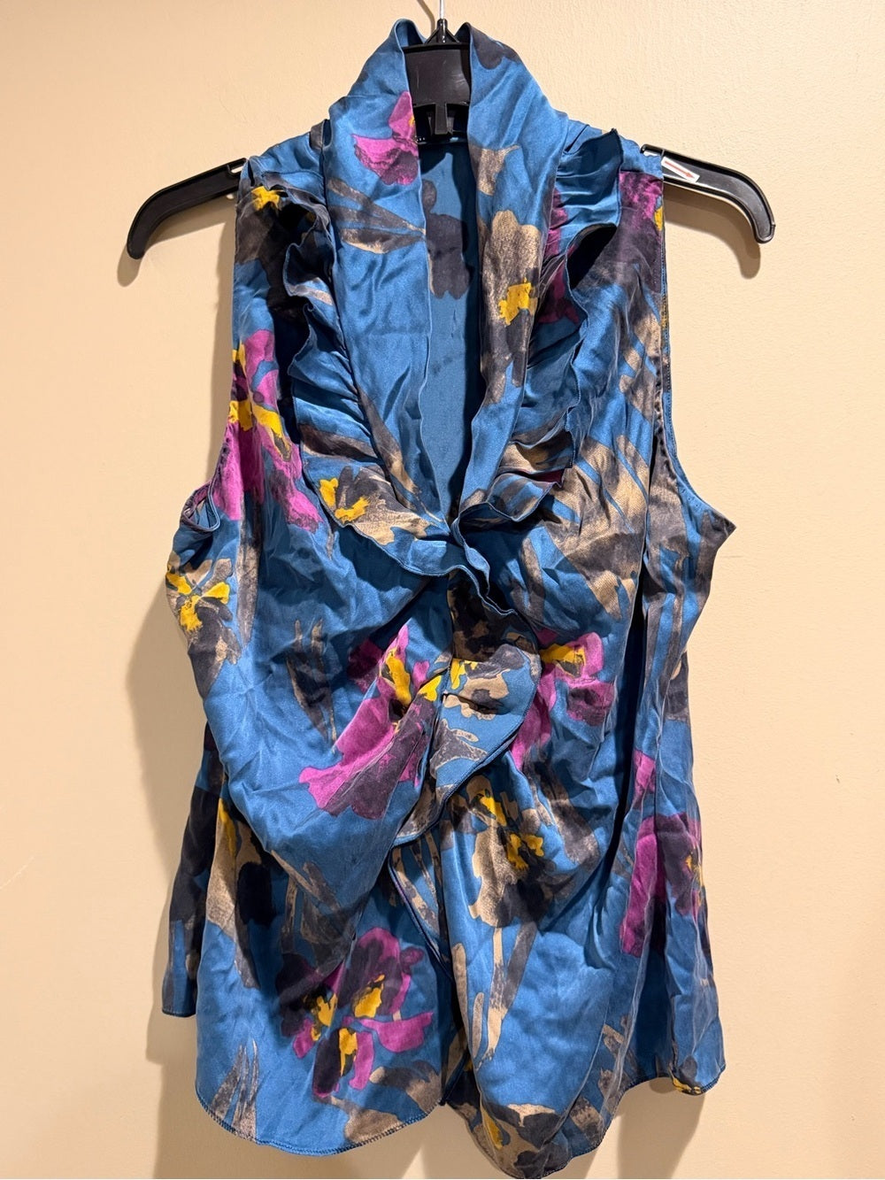 GT-0008 Elie Tahari 95% Silk Floral Ruffle Sleeveless Blouse Blue Purple
