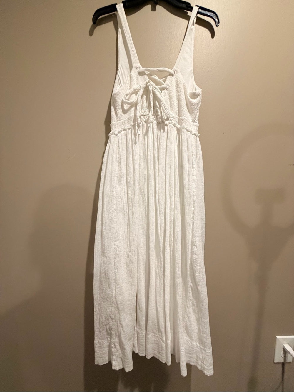 0006-Saturday Sunday White Boho Gauze Maxi Dress Lace-Up Cottagecore