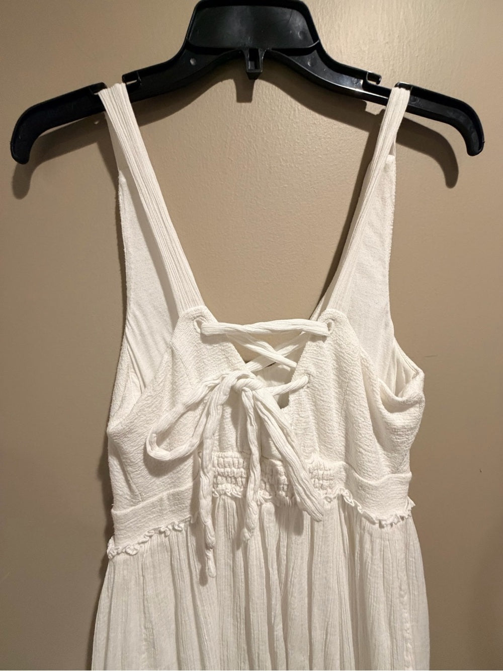 0006-Saturday Sunday White Boho Gauze Maxi Dress Lace-Up Cottagecore