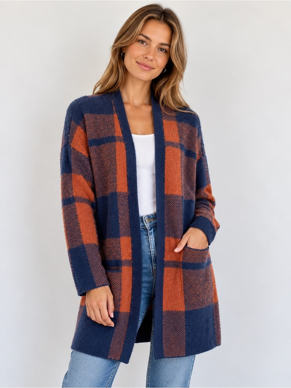 American Eagle S Plaid Long Open Front Cardigan Navy Rust Pockets