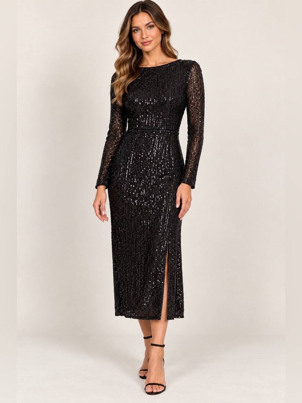GT-0156 Ieena Mac Duggal Black Sequin Midi Dress 10 Open Back Long Sleeve NWT