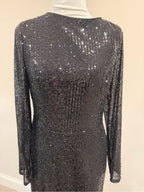 GT-0156 Ieena Mac Duggal Black Sequin Midi Dress 10 Open Back Long Sleeve NWT