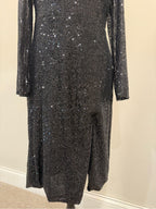 GT-0156 Ieena Mac Duggal Black Sequin Midi Dress 10 Open Back Long Sleeve NWT