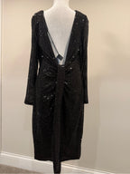 GT-0156 Ieena Mac Duggal Black Sequin Midi Dress 10 Open Back Long Sleeve NWT