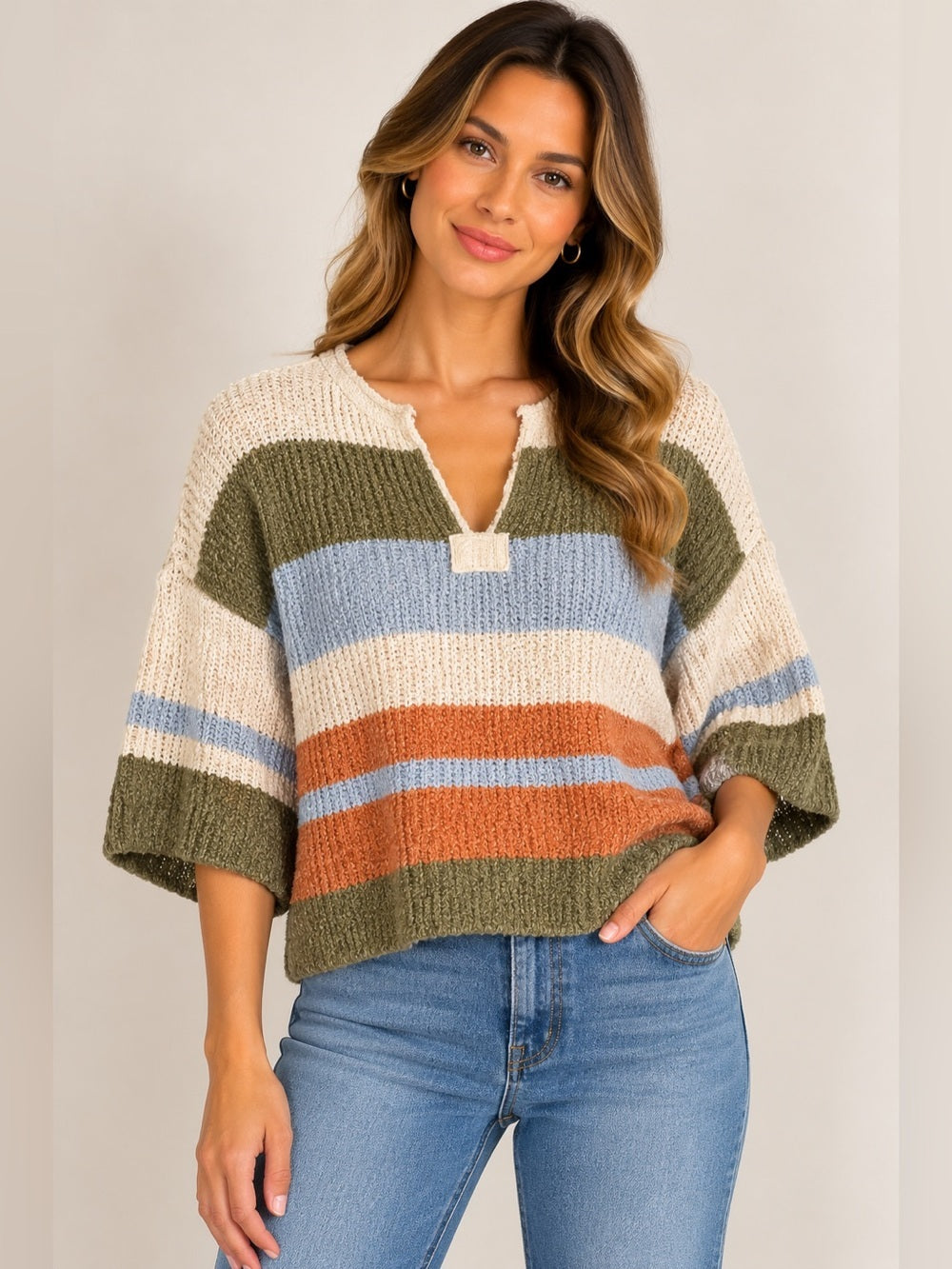 ee:some Los Angeles Colorblock Striped Open Knit Sweater Top Size M Boho