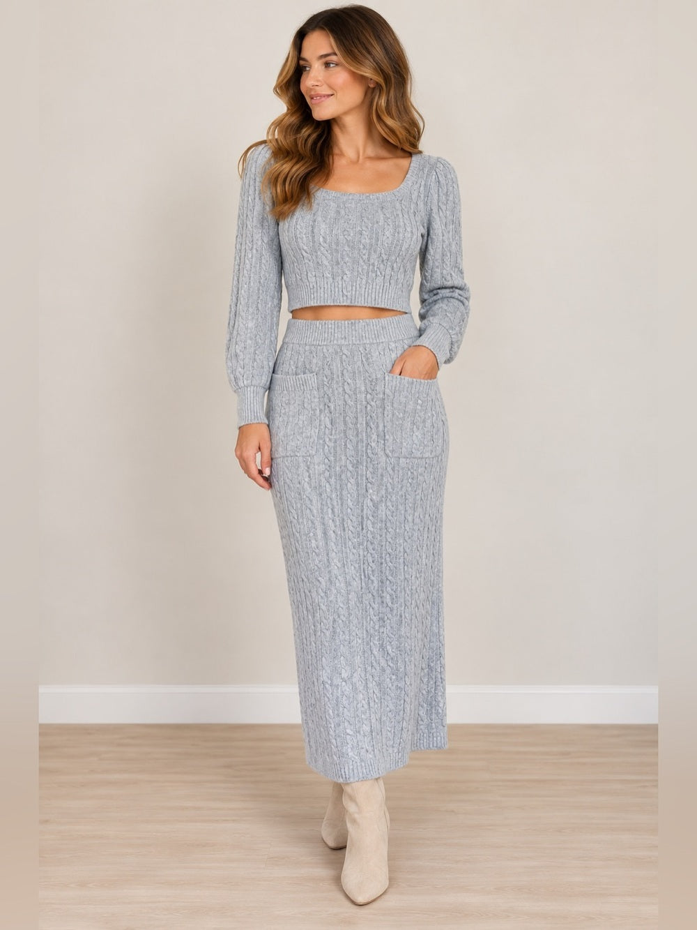 Future Collective Reese Blutstein Cable Knit Crop Top Maxi Skirt Set S Blue