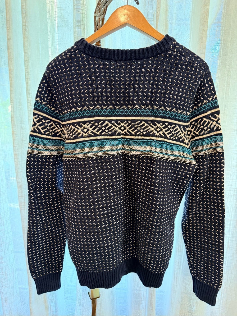 GT-0134 Merona Fair Isle Nordic Sweater L 100% Cotton Navy Teal