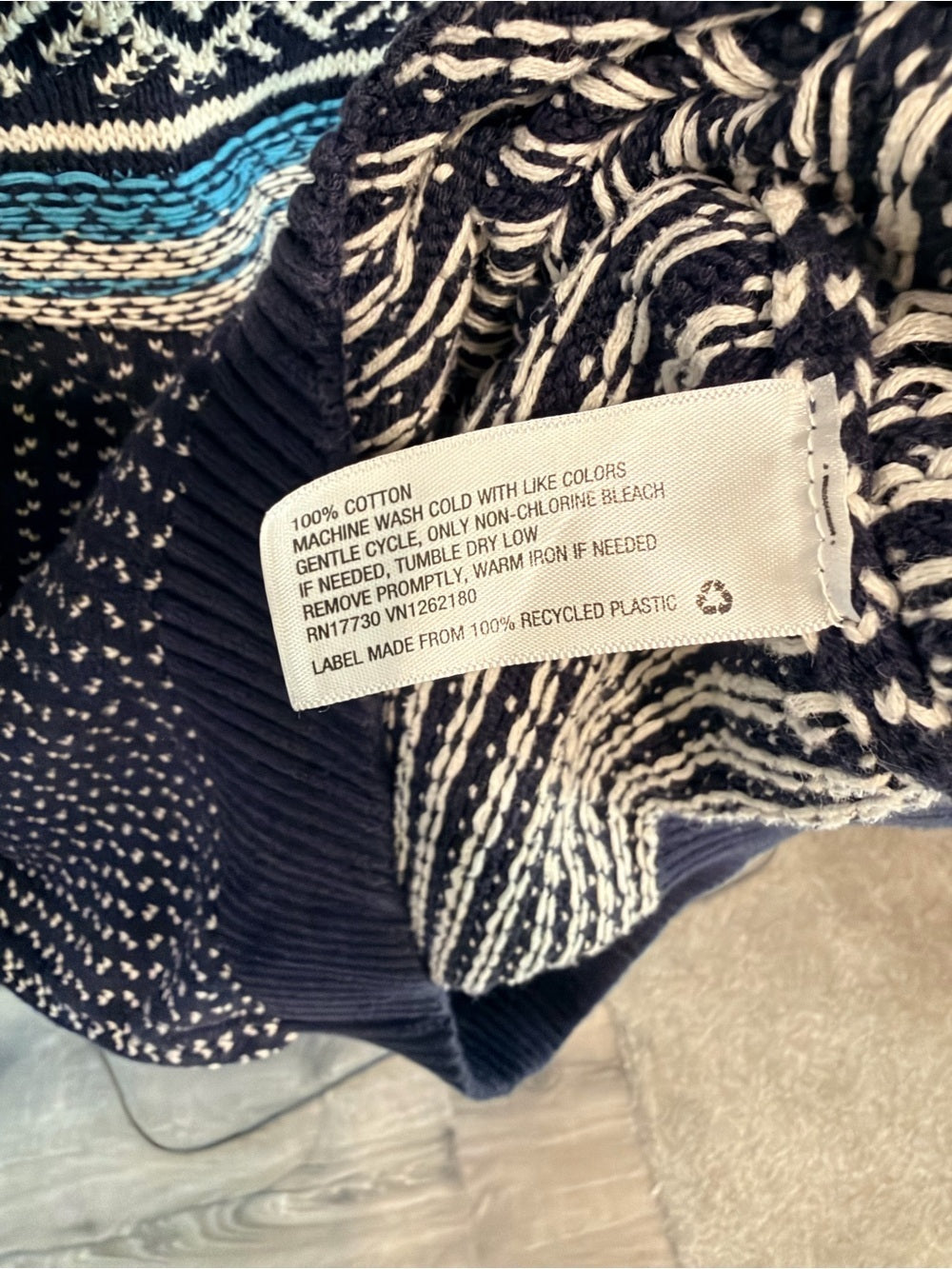 GT-0134 Merona Fair Isle Nordic Sweater L 100% Cotton Navy Teal