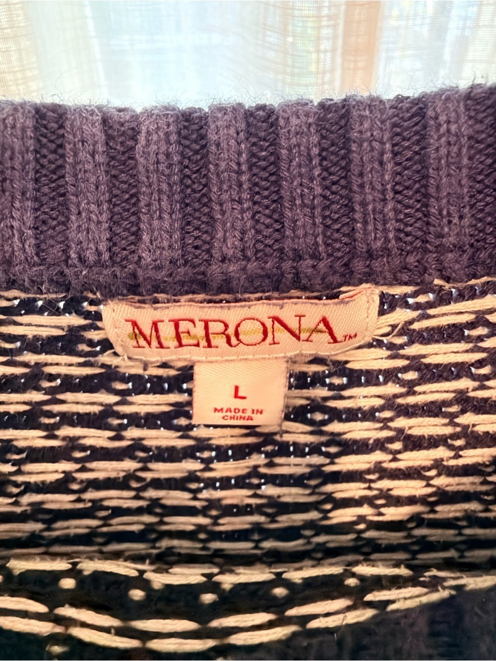 GT-0134 Merona Fair Isle Nordic Sweater L 100% Cotton Navy Teal