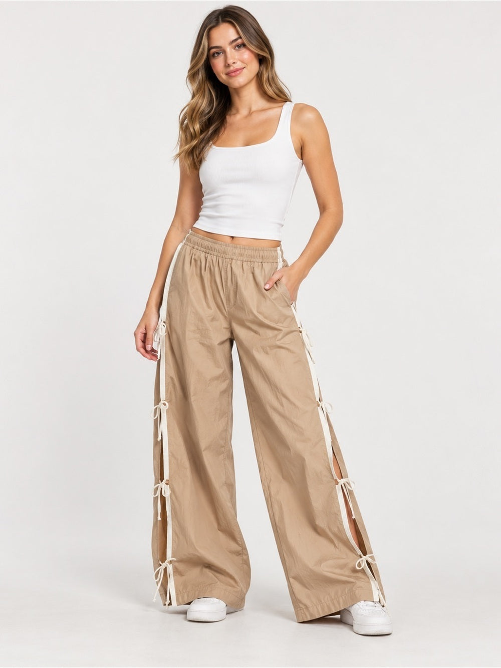 0022-NWT Fisoew Khaki Parachute Cargo Pants Side Tie Wide Leg Size L