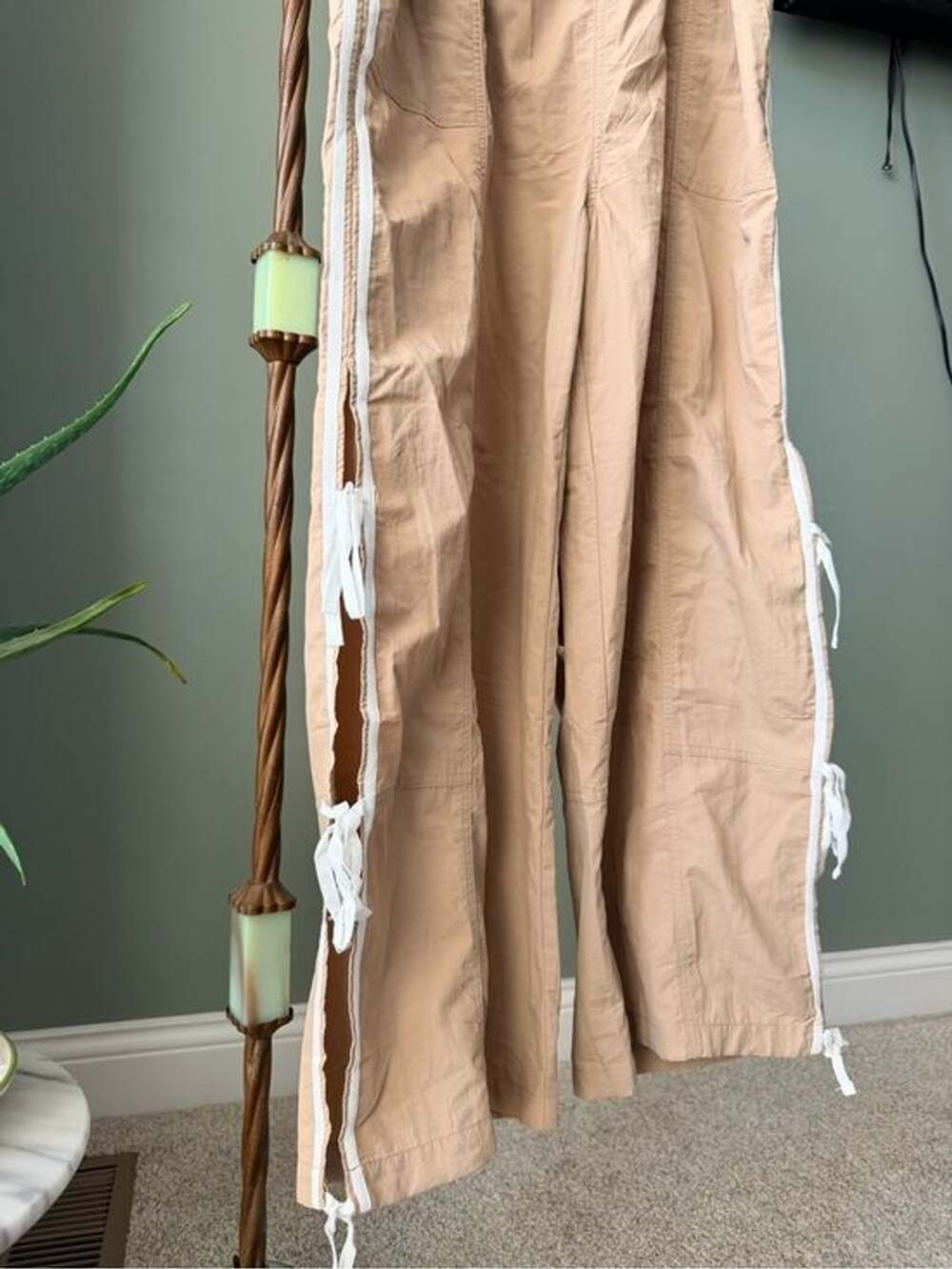 0022-NWT Fisoew Khaki Parachute Cargo Pants Side Tie Wide Leg Size L