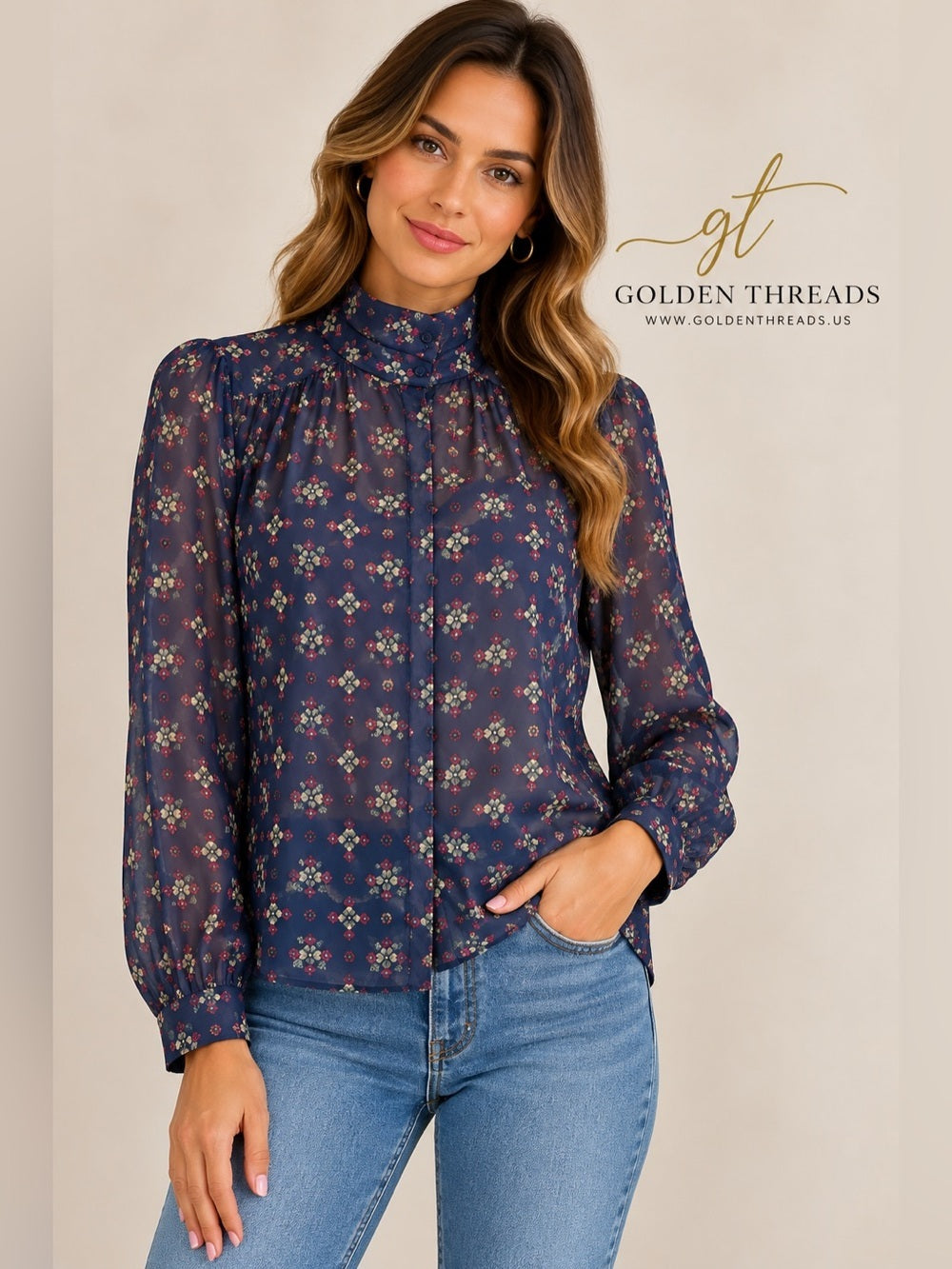 GT-0186 Pendleton Floral Sheer Blouse 12 Navy High Neck Button Back Long Sleeve